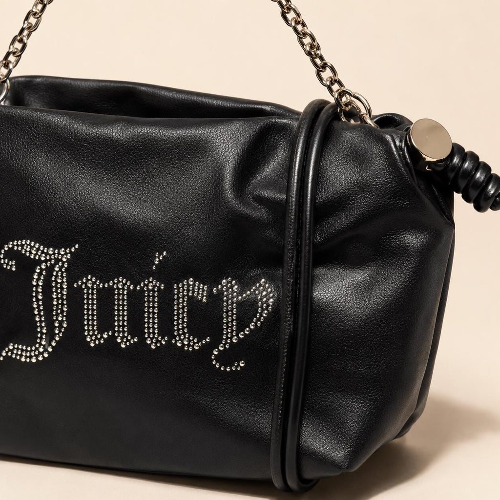 Juicy Couture Black Satchel Bag with Wallet, Silver Chain Shoulder Bag, Studded Logo Handbag, Women’s Designer Purse