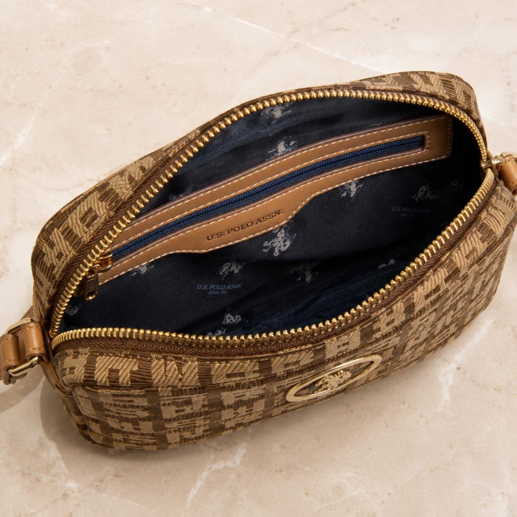 US Polo Assn Brown Jacquard Crossbody Bag, Monogram Shoulder Handbag, Tan Logo Purse, Adjustable Strap Bag, Gift for Her