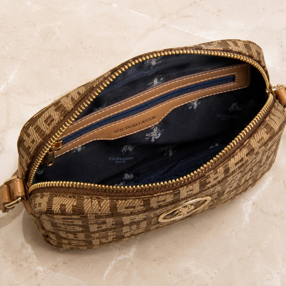 US Polo Assn Brown Jacquard Crossbody Bag, Monogram Shoulder Handbag, Tan Logo Purse, Adjustable Strap Bag, Gift for Her