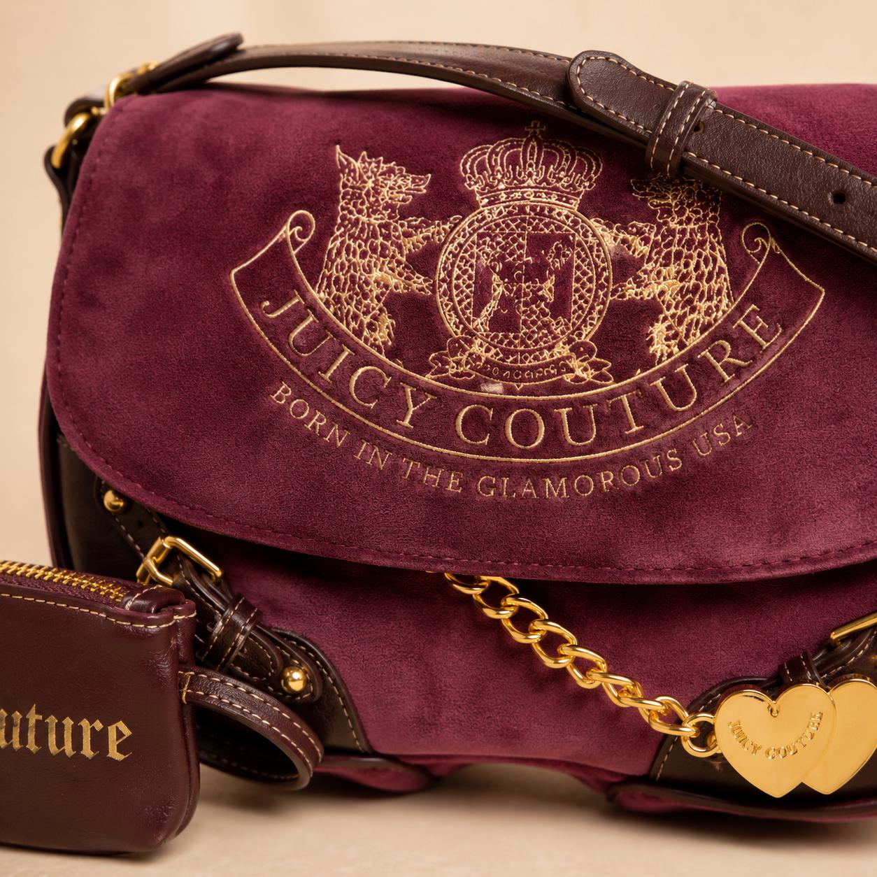 Juicy Couture Burgundy Velour Crossbody Bag, Gold Heart Charm Saddle Shoulder Bag, Dusty Rose Designer Handbag