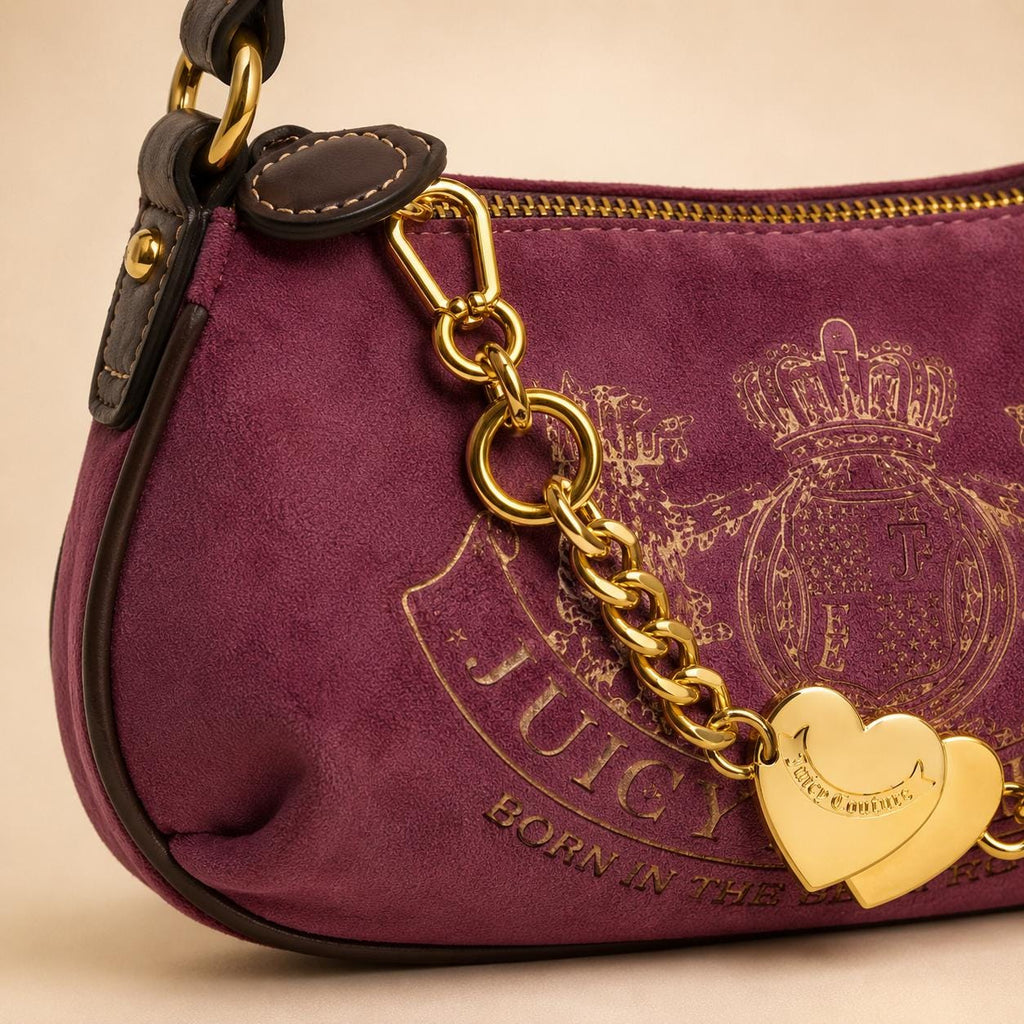 Juicy Couture Purple Velour Shoulder Bag, Gold Chain Heart Charm Crossbody Handbag, Detachable Strap, Women’s Designer Bag