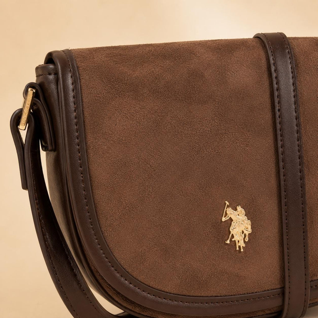 U.S. Polo Assn Dark Brown Crossbody Bag, Jones Flap Shoulder Bag, Adjustable Strap Handbag, Gold Logo Purse, Gift for Her
