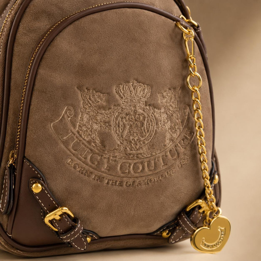 Juicy Couture Brown Plush Mini Backpack, Embroidered Logo Backpack, Gold Tone Chain Bag, Women’s Designer Style Backpack