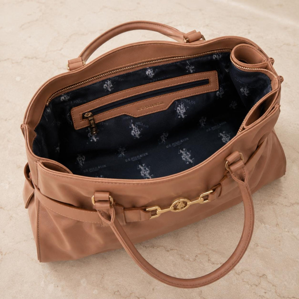 U.S. Polo Assn. Peach Jane Tote Bag, Large Womens Handbag, Gold Horsebit Shoulder Bag, Everyday Work Bag, Gift for Her