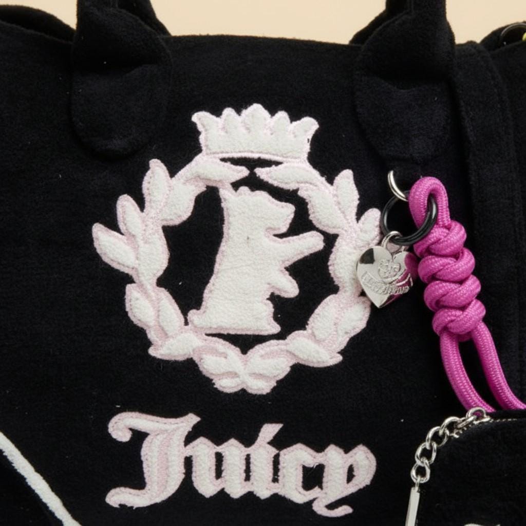 Juicy Couture Black Iris Scottie Towelling Tote Bag, Embroidered Logo Handbag, Pink Detail