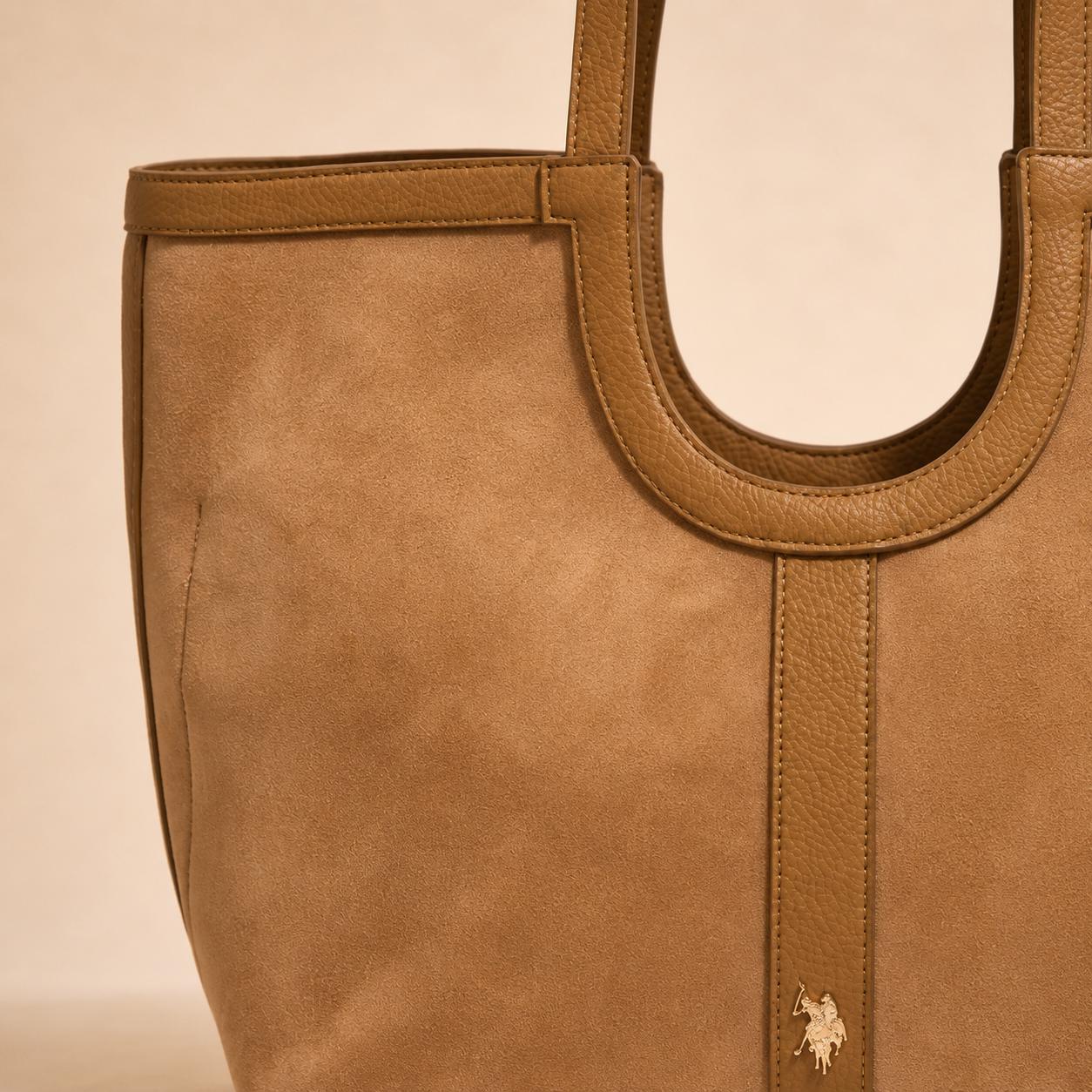 U.S. Polo Assn. Tan Tote Bag, Large Shoulder Bag, Suede Look Handbag, Womens Work Shopper, Everyday Bag, Gift for Her