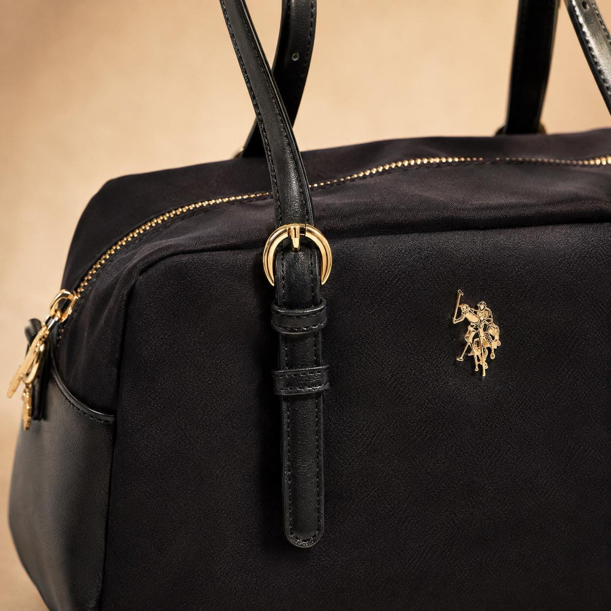 U.S. Polo Assn. Black Houston Bowling Bag, Nylon Shoulder Handbag, Gold Logo Grab Bag, Adjustable Strap, Gift for Her