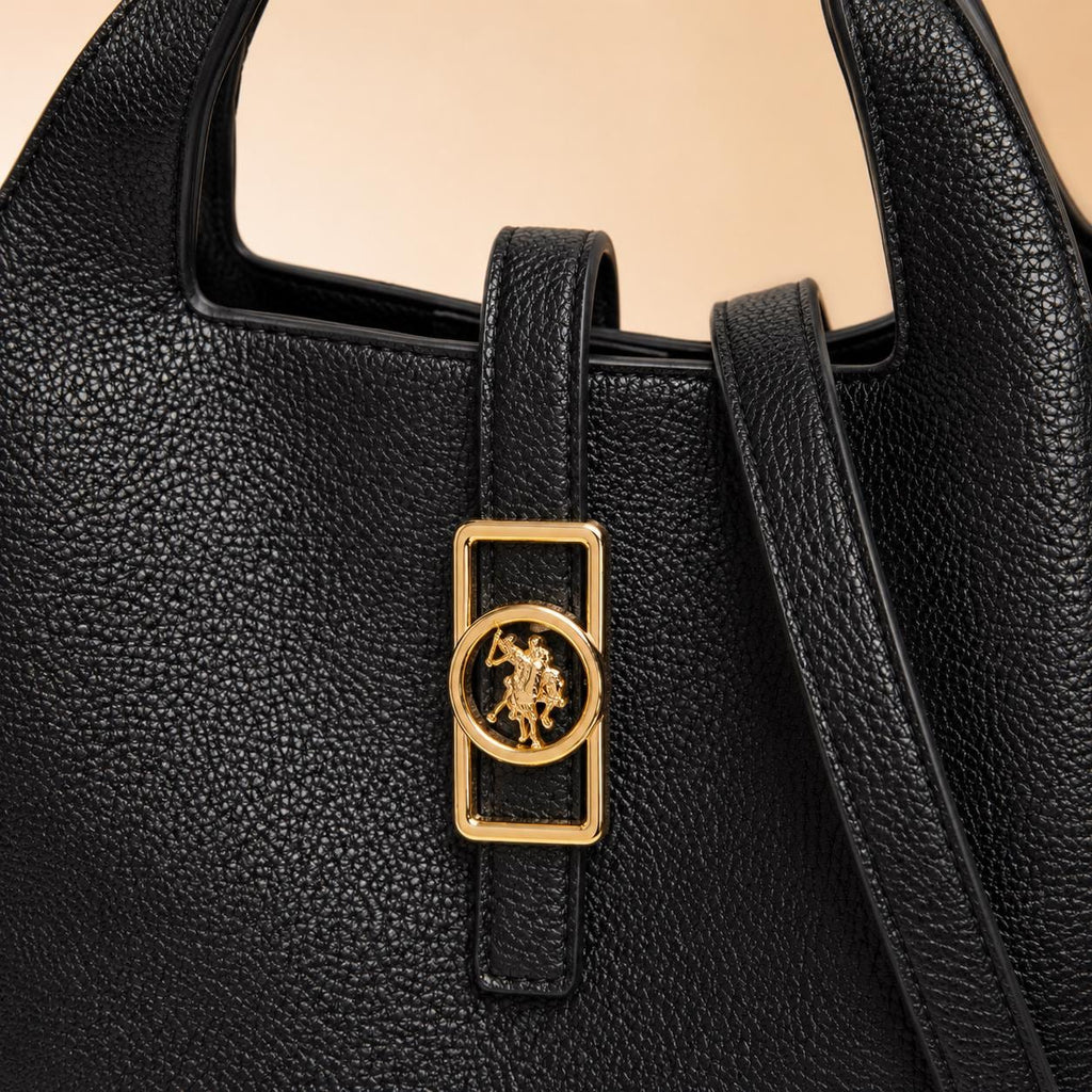 US Polo Assn Black Bucket Bag, Womens Pebbled Handbag, Shoulder Crossbody Bag, Gold Logo Tote, Everyday Designer Style Gift for Her