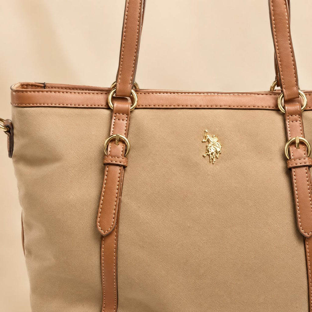 U.S. Polo Assn. Beige Tote Bag, Large Womens Shopping Bag, Nylon Shoulder Handbag, Adjustable Strap Work Bag, Gift for Her