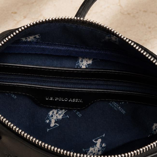 U.S. Polo Assn Black Bowling Bag, Faux Leather Shoulder Bag, Embossed Logo Handbag, Detachable Strap, Womens Crossbody Bag