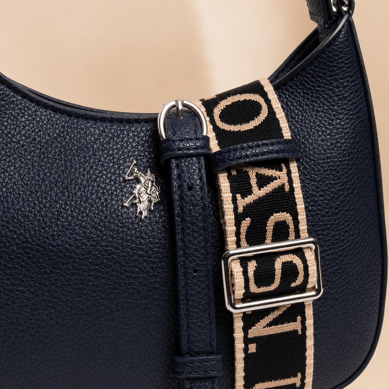 US Polo Assn Navy Blue Crossbody Bag, Womens Hobo Shoulder Bag, Adjustable Logo Strap, Pebbled Everyday Handbag, Gift for Her
