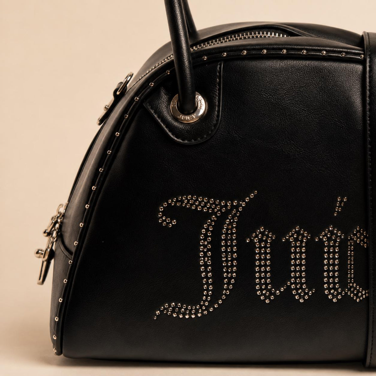 Juicy Couture Black Kimberly Bowling Bag, Studded Logo Handbag, Black Shoulder Bag, Silver Hardware Designer Bag