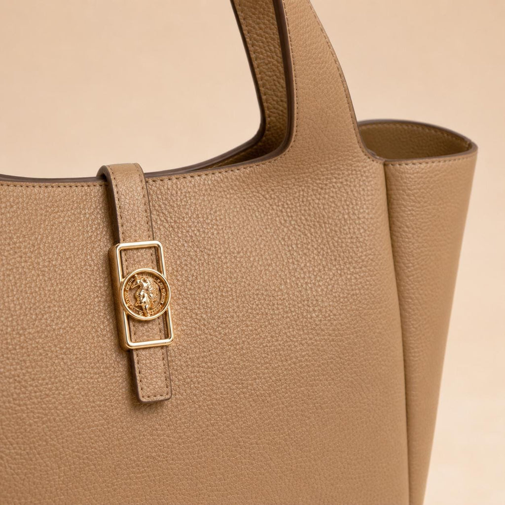 U.S. Polo Assn Taupe Tote Bag, Large Stone Shopping Bag, Structured Shoulder Handbag, Gold Hardware, Everyday Bag for Women