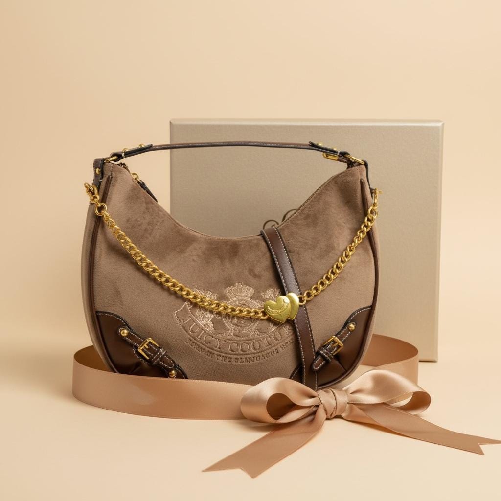 Juicy Couture Brown Hobo Shoulder Bag, Y2K Vintage Inspired Handbag, Gold Heart Charm, 2000s Aesthetic Purse