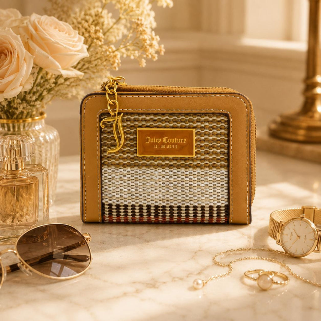 Juicy Couture Brown Madeleine Purse, Woven Wallet, Gold Charm Card Holder, Coin & Cash Pocket, Womens Gift