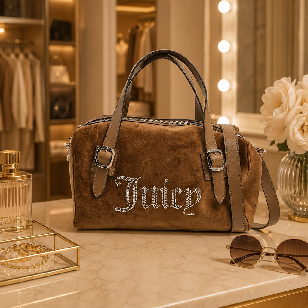 Juicy Couture Brown Velour Handbag, Rhinestone Shoulder Bag, Embellished Grab Bag, Adjustable Strap Purse, Gift for Her