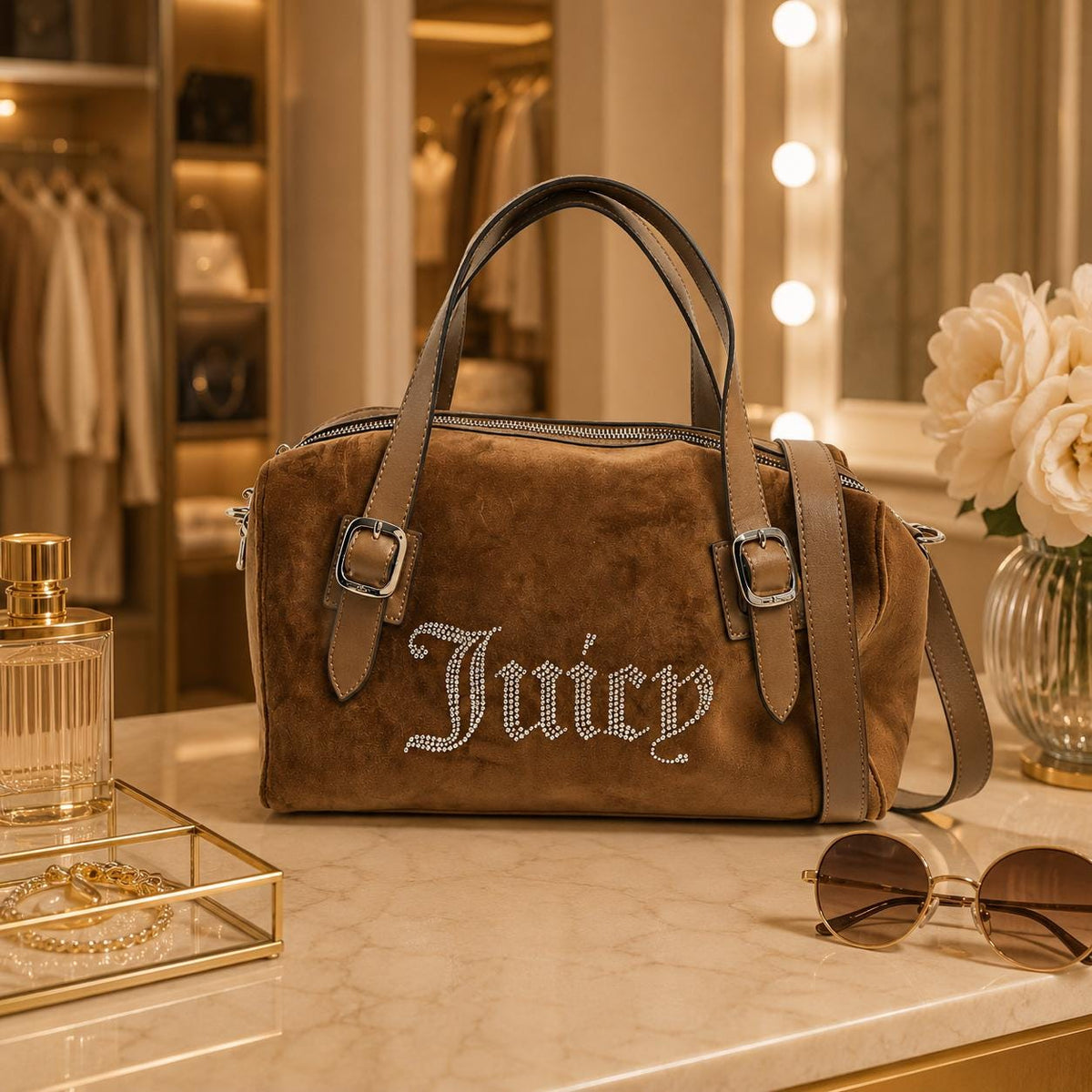 Juicy Couture Brown Velour Handbag, Rhinestone Shoulder Bag, Embellished Grab Bag, Adjustable Strap Purse, Gift for Her