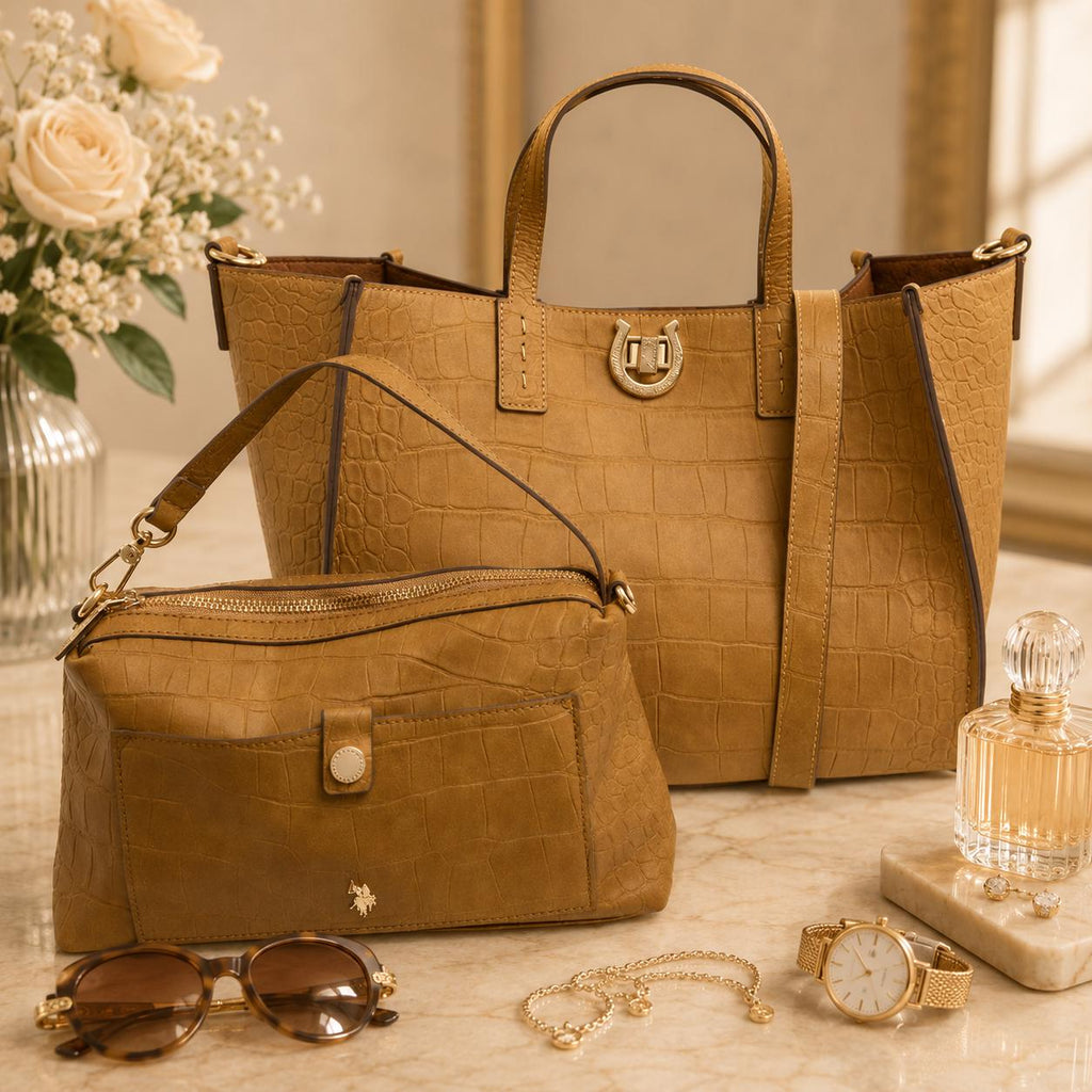 US Polo Assn Brown Reptile Effect Tote Bag, Middleton Womens Shoulder Handbag, Gold Hardware, Crossbody Bag, Gift for Her