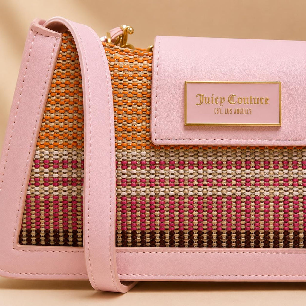 Juicy Couture Pink Shoulder Bag & Pouch, Woven Multicolour Handbag, Gold Chain Strap Purse, Detachable Coin Pouch, Gift for Her