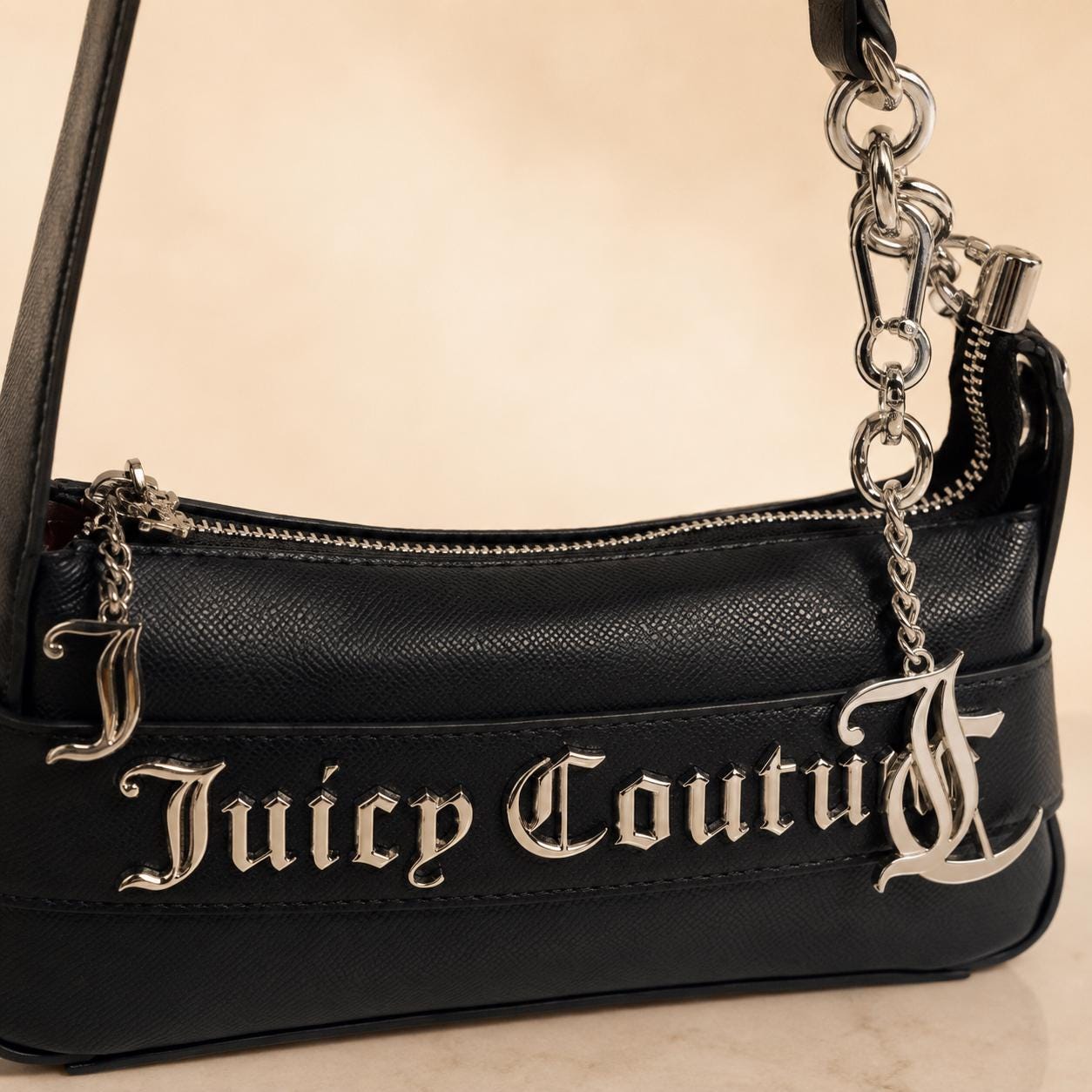 Juicy Couture Black Jasmine Shoulder Bag, Silver Chain Logo Handbag, Black Designer Purse, Women’s Shoulder Bag, Gift for Her
