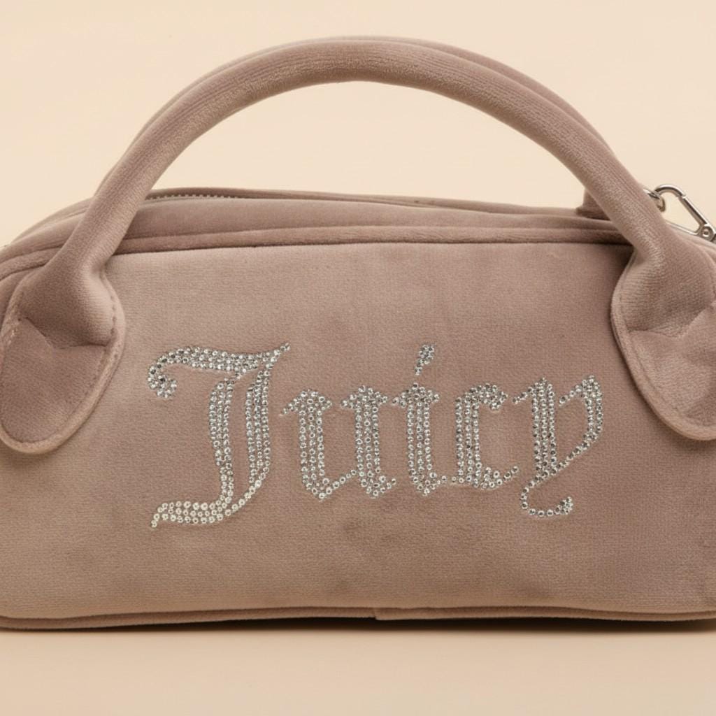 Juicy Couture Taupe Velour Bowling Handbag, Rhinestone Logo Purse, Matching Wallet, Shoulder Bag for Her