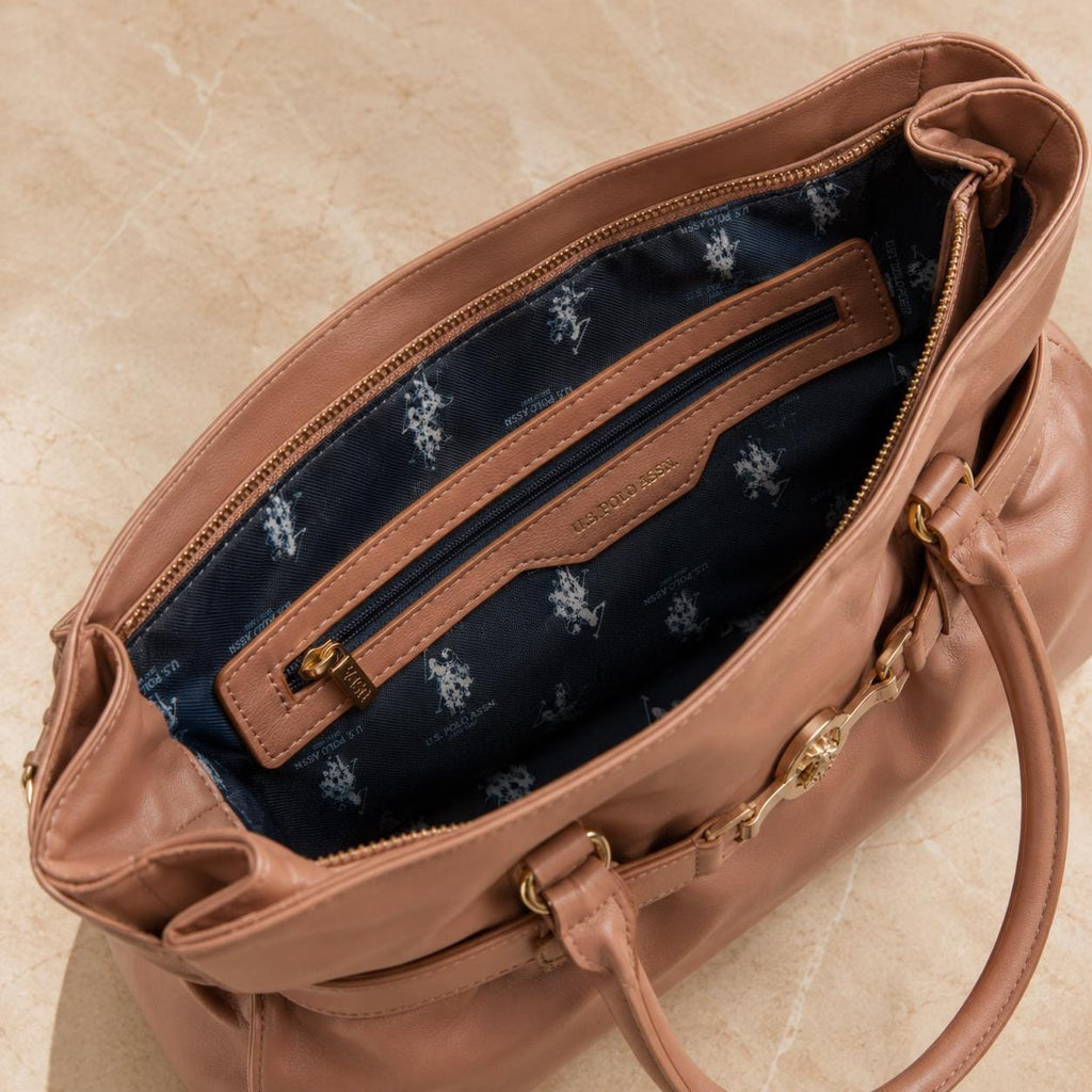 US Polo Assn Peach Tote Bag, Jane Large Shoulder Handbag, Gold Horsebit Shopper Bag, Everyday Womens Purse, Gift for Her