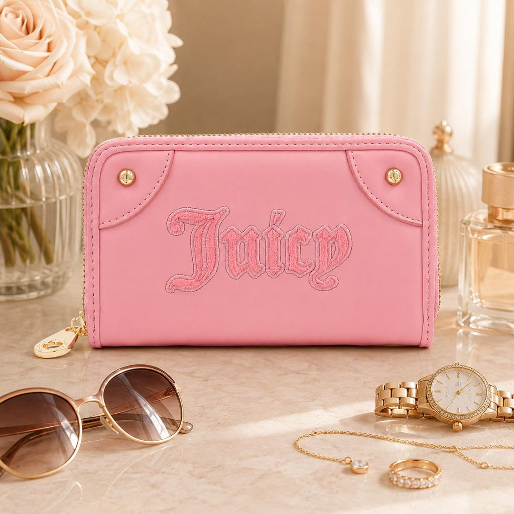 Juicy Couture Pink Zip Around Purse, Faux Leather Wallet, Wristlet, Card Holder, Gold Detail Womens Purse, Gift for Her
