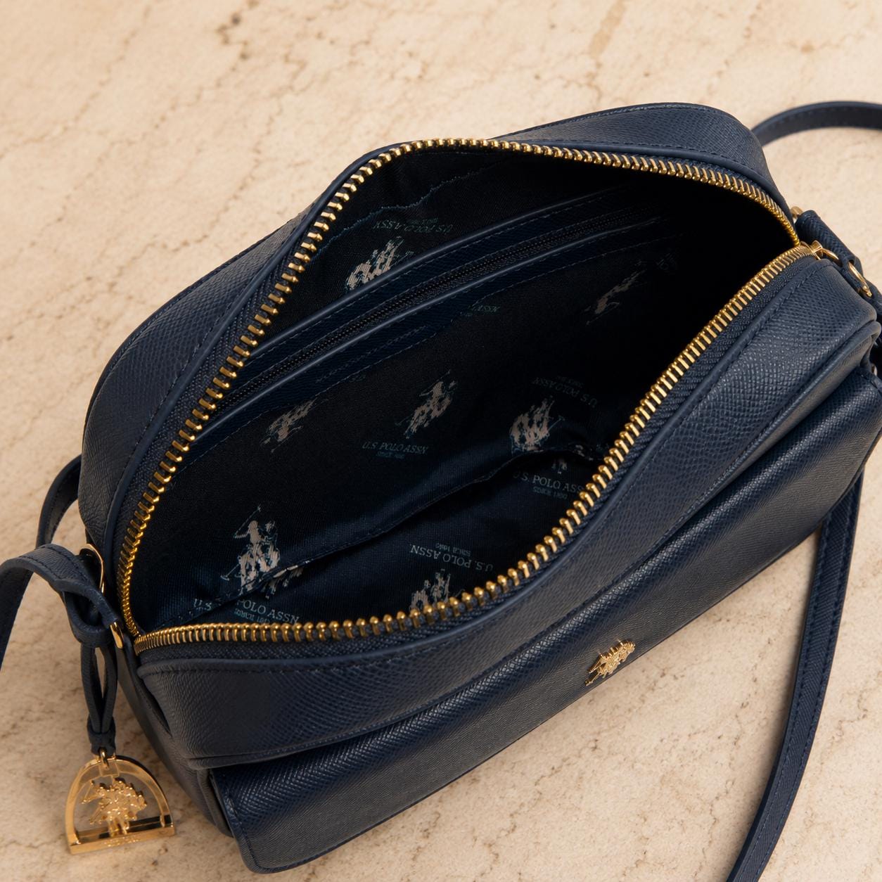 U.S. Polo Assn Navy Crossbody Bag, Blue Shoulder Handbag, Gold Logo Purse, Adjustable Strap Camera Bag, Gift for Her
