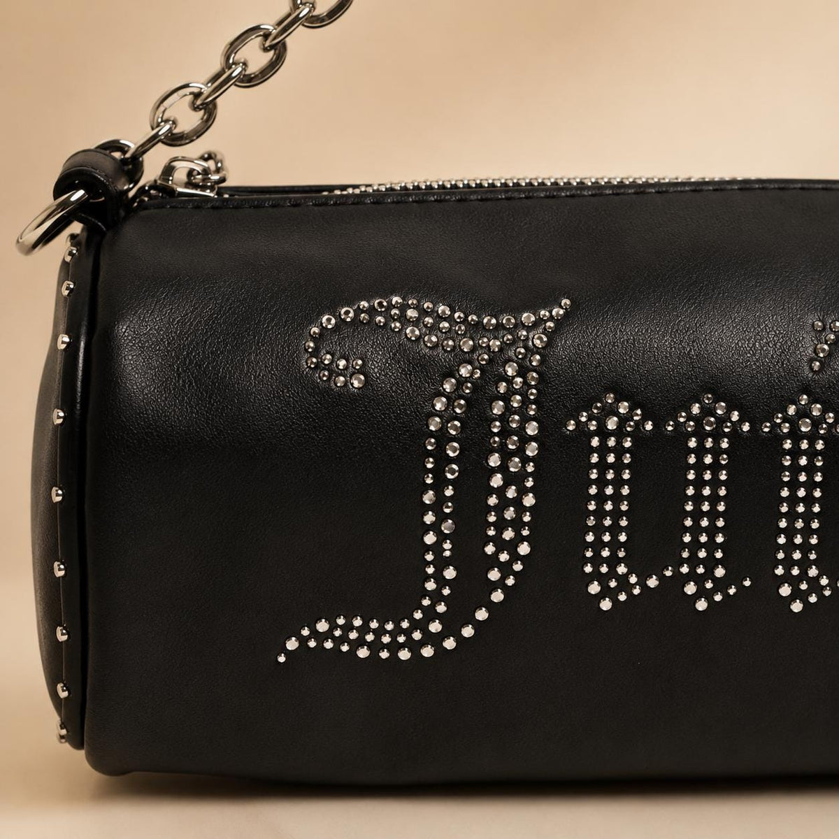Juicy Couture Black Kimberly Barrel Shoulder Bag, Studded Logo Chain Bag, Silver Hardware, Women’s Designer Handbag