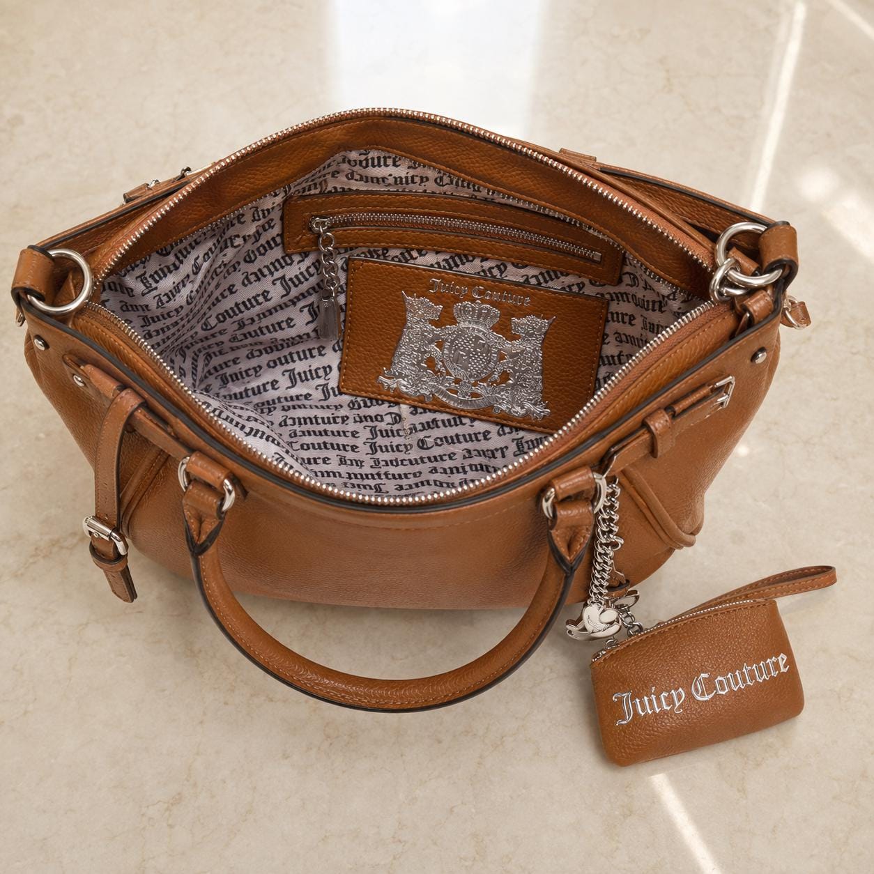 Juicy Couture Tan Shoulder Bag, Twig Narrative Handbag, Brown Crossbody Bag with Pouch, Silver Charm Designer Bag