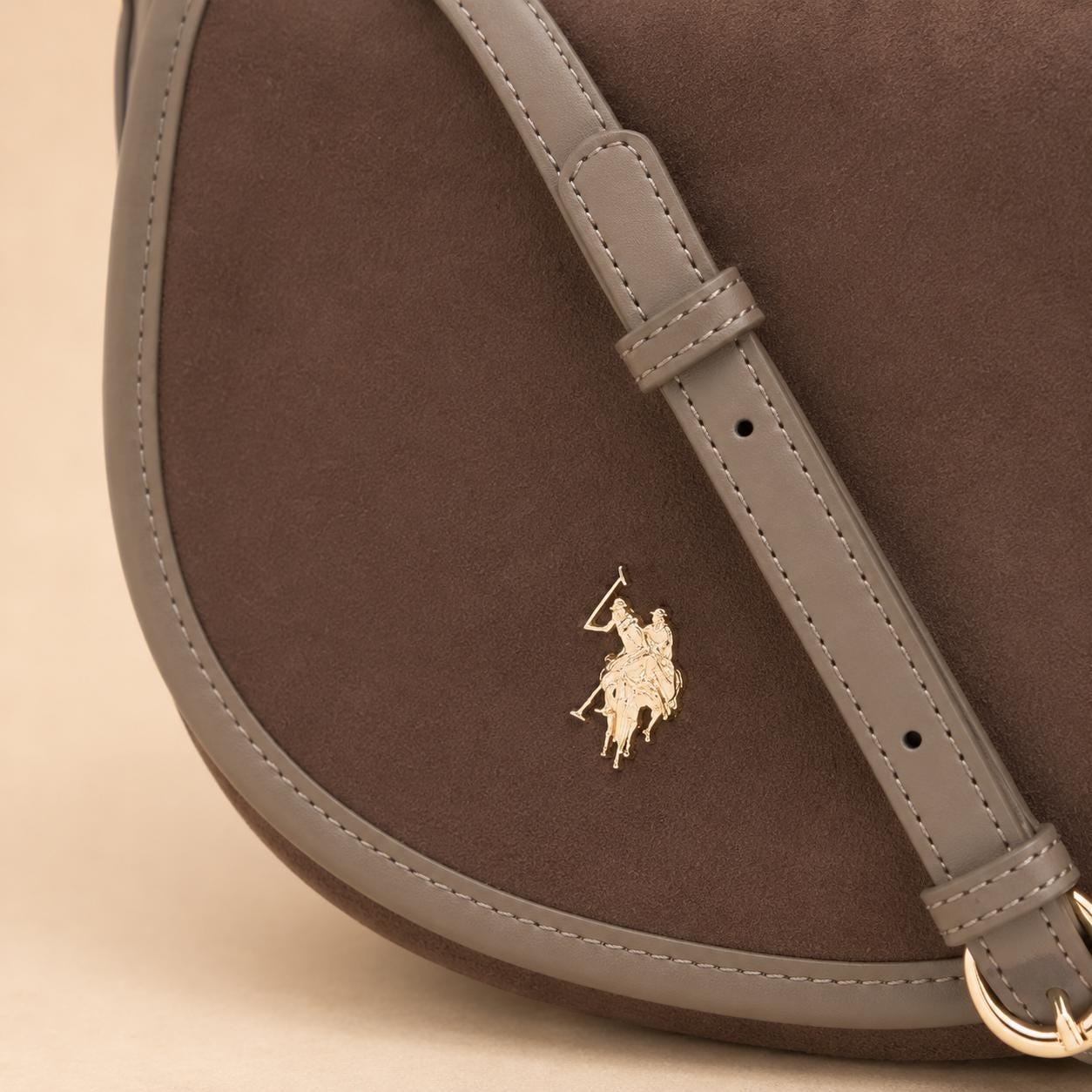 U.S. Polo Assn. Taupe Crossbody Bag, Jones Saddle Shoulder Bag, Adjustable Strap Handbag, Gold Logo Purse, Gift for Her