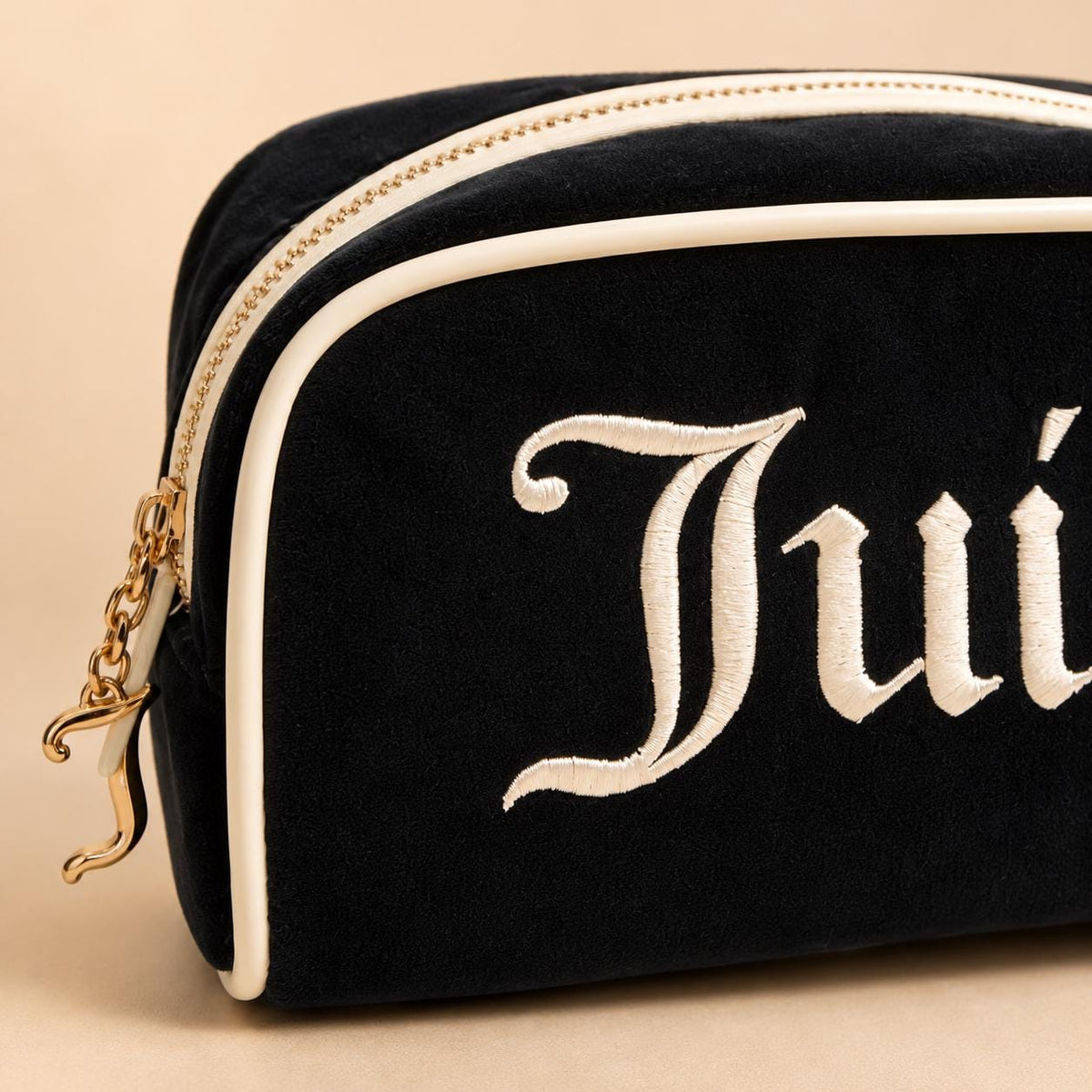 Juicy Couture Black & Cream Velour Cosmetic Bag, Embroidered Logo Makeup Bag, Luxury Beauty Case, Toiletry Bag, Gift for Her