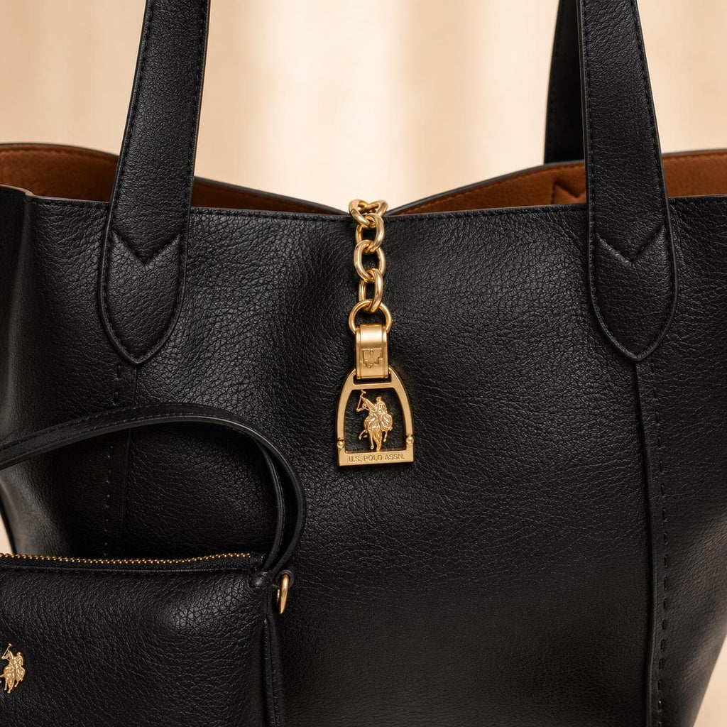 US Polo Assn Black Helcho Tote Bag with Pouch, Womens Pebbled Shoulder Handbag, Gold Hardware Large Shopper, Gift for Her