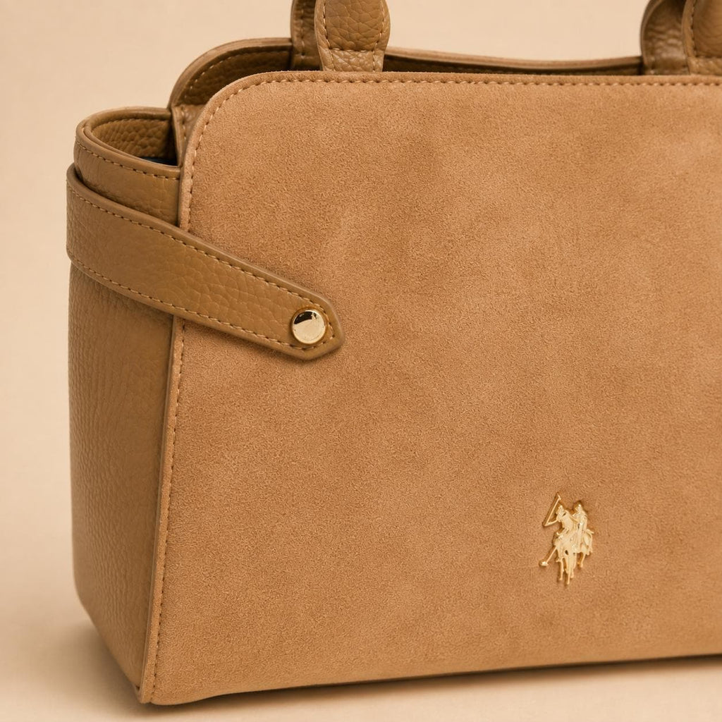 U.S. Polo Assn. Tan Grab Bag, Camel Shoulder Handbag, Suede Look Top Handle Bag, Crossbody Purse, Gold Logo Bag, Gift for Her