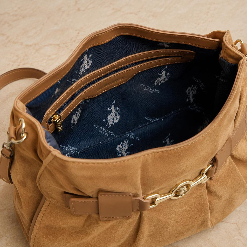 US Polo Assn Light Brown Crossbody Bag, Jane Shoulder Handbag, Gold Horsebit Purse, Adjustable Strap Bag, Everyday Bag, Gift for Her