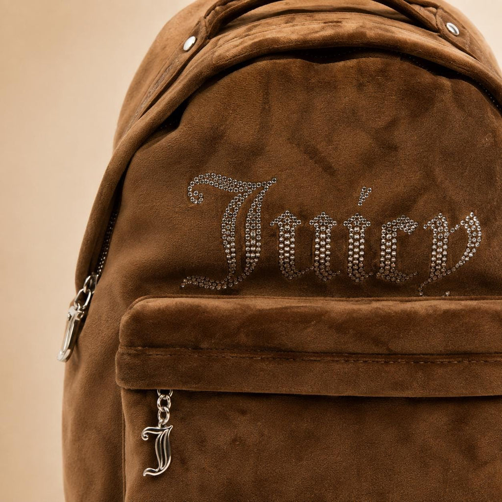 Juicy Couture Brown Velvet Kimberly Backpack, Rhinestone Logo Backpack, Velour Womens Rucksack, Brown Day Bag, Gift for Her