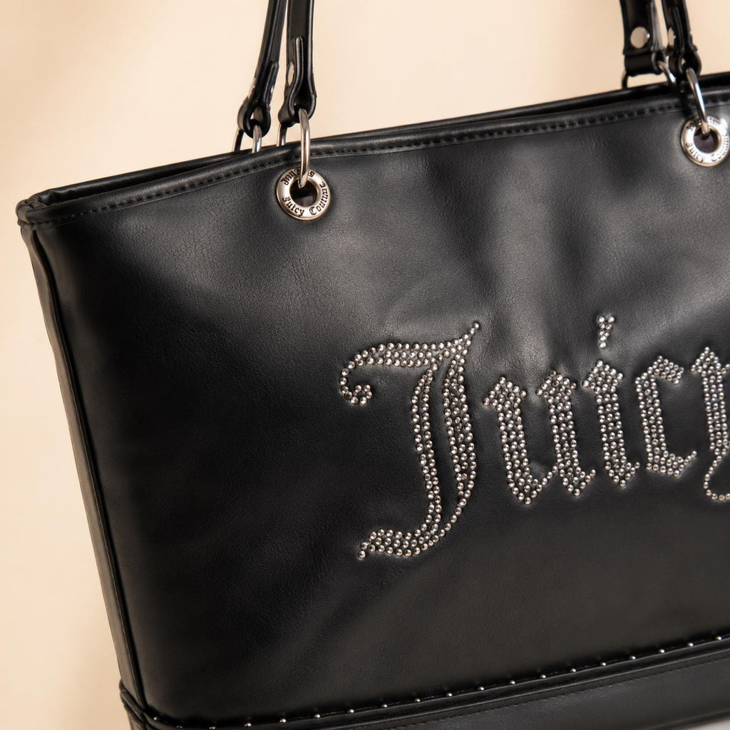Juicy Couture Black Kimberly Tote Bag, Studded Logo Shoulder Bag, Silver Hardware Large Designer Style Handbag, Gift for Her