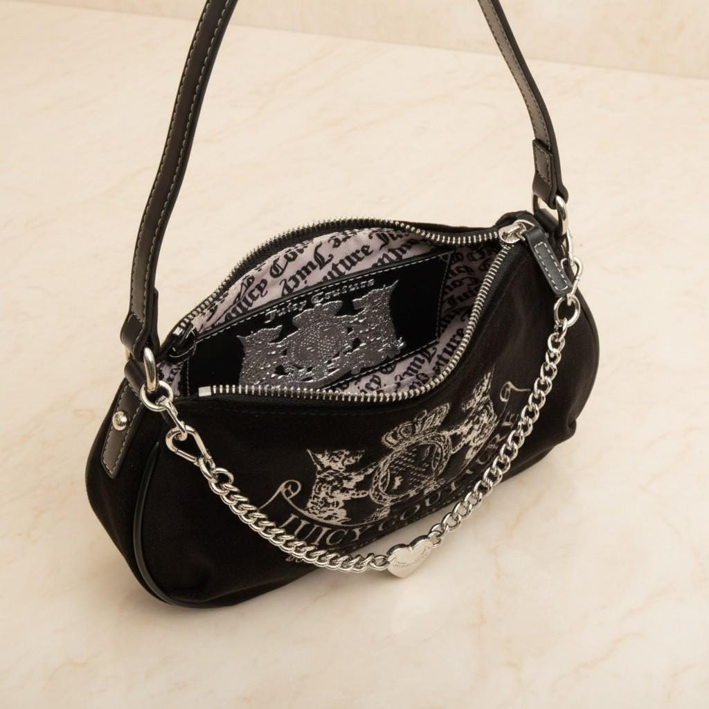 Juicy Couture Black Shoulder Bag, Silver Chain Crossbody Bag, Heart Charm Handbag, Embossed Crest Purse, Gift for Her