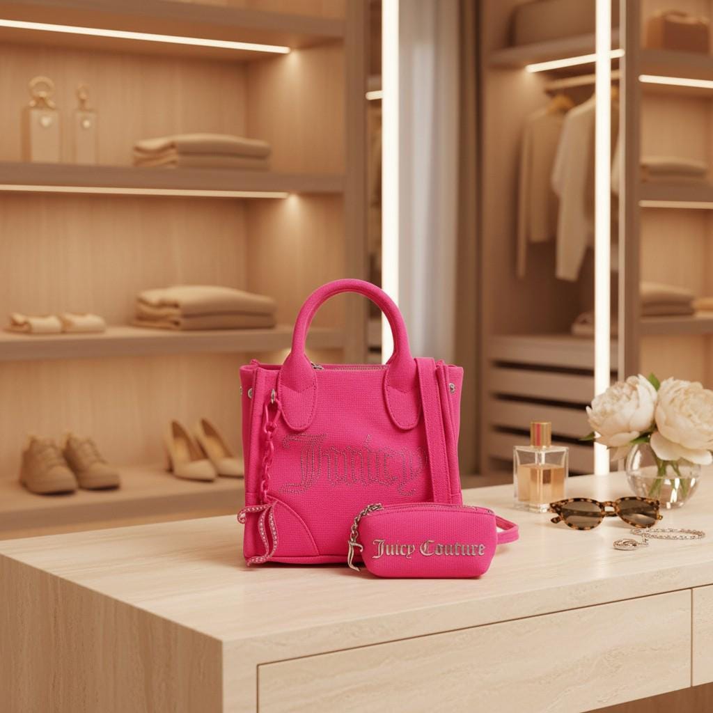Juicy Couture Pink Iris Tote, Rhinestone Logo Handbag, Pink Shoulder Purse