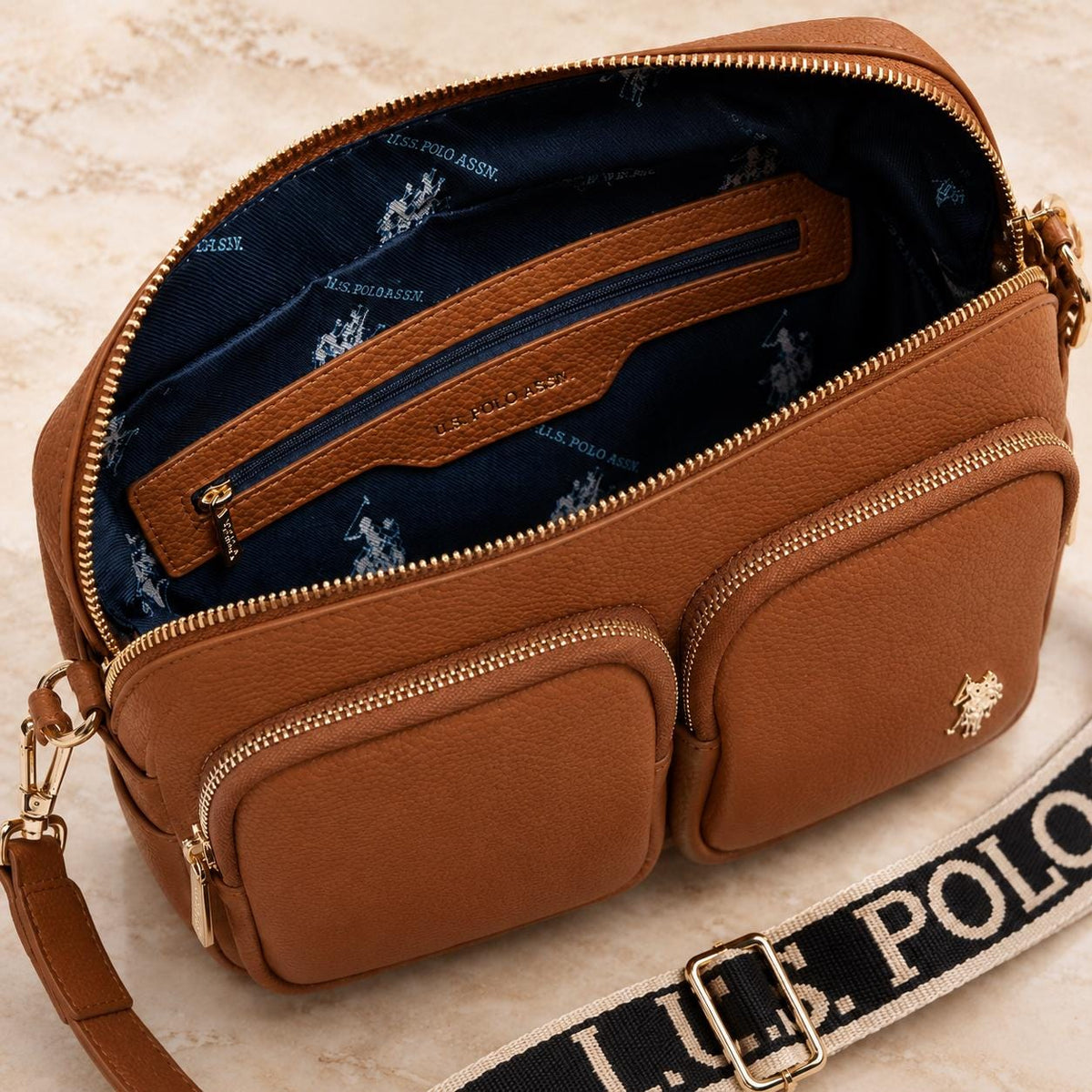 U.S. Polo Assn. Brown Crossbody Bag, Logo Strap Shoulder Bag, Multi Pocket Handbag, Adjustable Strap, Gift for Her