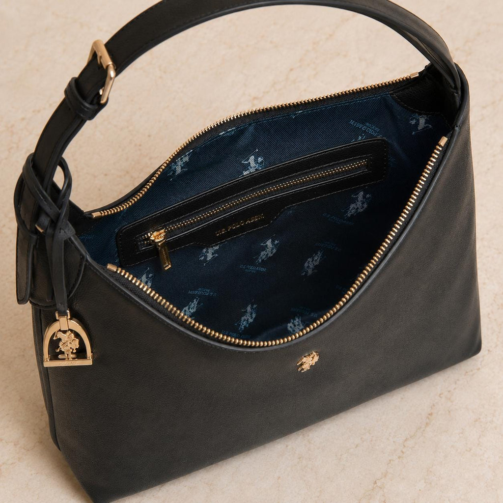 US Polo Assn Black Jones Hobo Shoulder Bag | Women’s Black Handbag | Gold Logo Top Handle Bag | Everyday Designer Style Gift