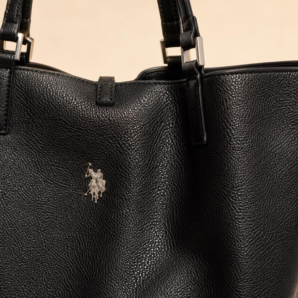 US Polo Assn Black Malibu Tote Bag, Large Womens Shoulder Handbag, Pebbled Everyday Shopper, Silver Logo Work Bag, Gift for Her