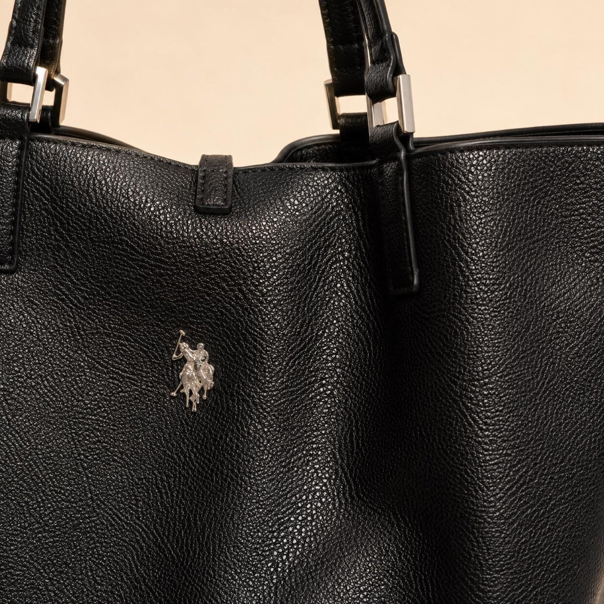 US Polo Assn Black Malibu Tote Bag, Large Womens Shoulder Handbag, Pebbled Everyday Shopper, Silver Logo Work Bag, Gift for Her