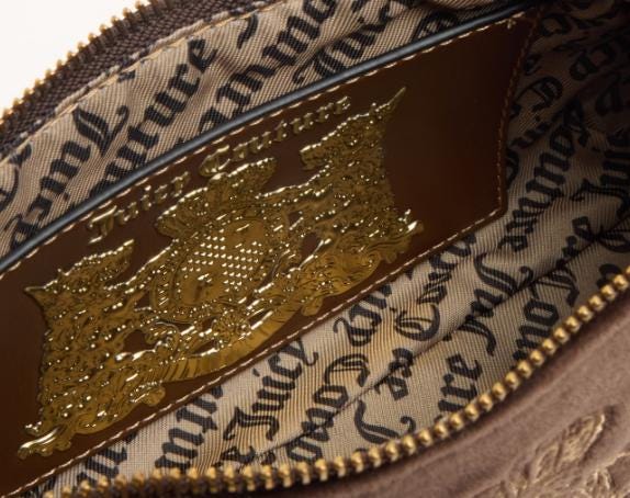 Juicy Couture Brown Shoulder Bag, Gold Chain Heart Charm, Embroidered Logo Handbag, Gift for Her