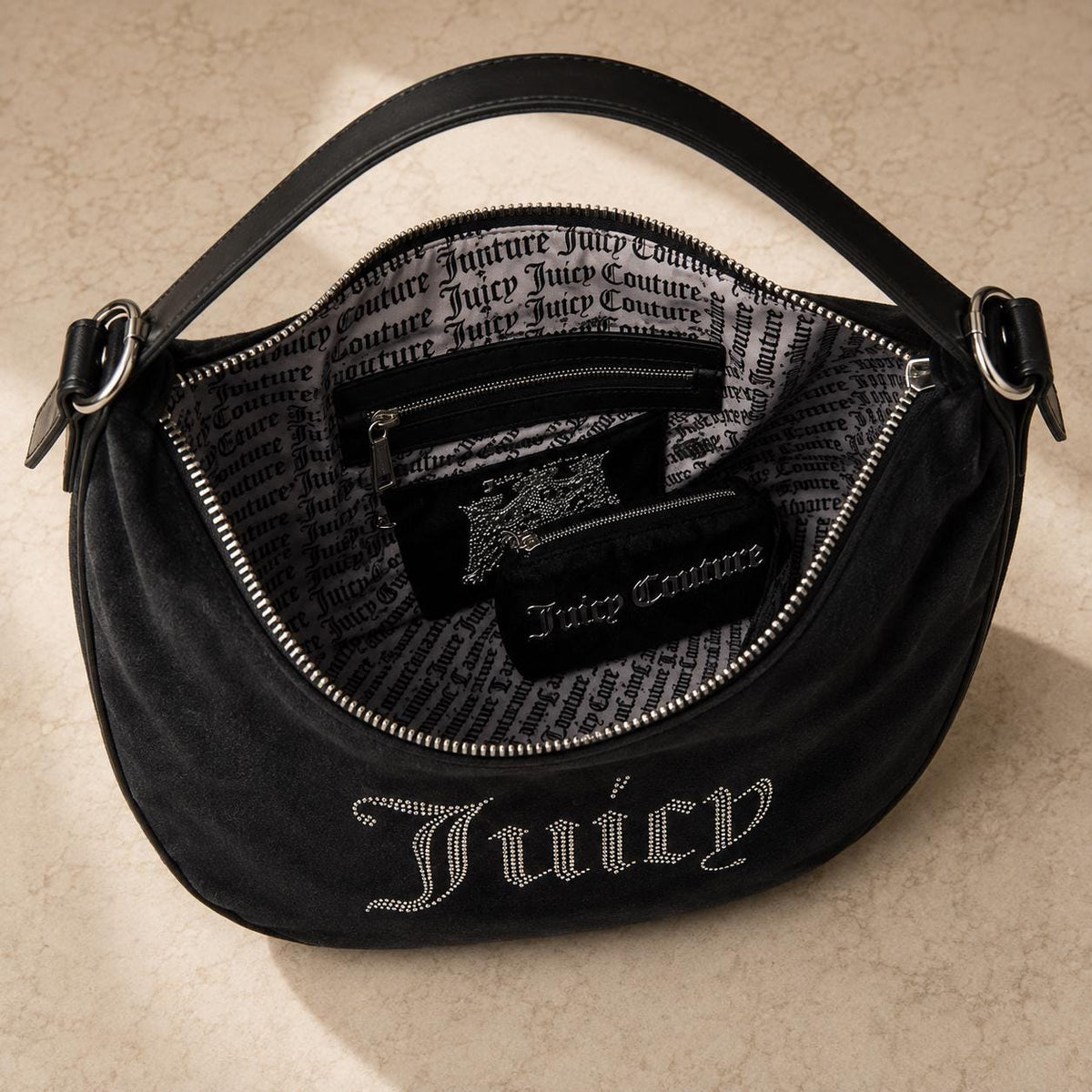 Juicy Couture Black Velour Shoulder Bag, Rhinestone Logo Hobo Bag, Detachable Pouch Handbag, Black Designer Purse, Gift for Her