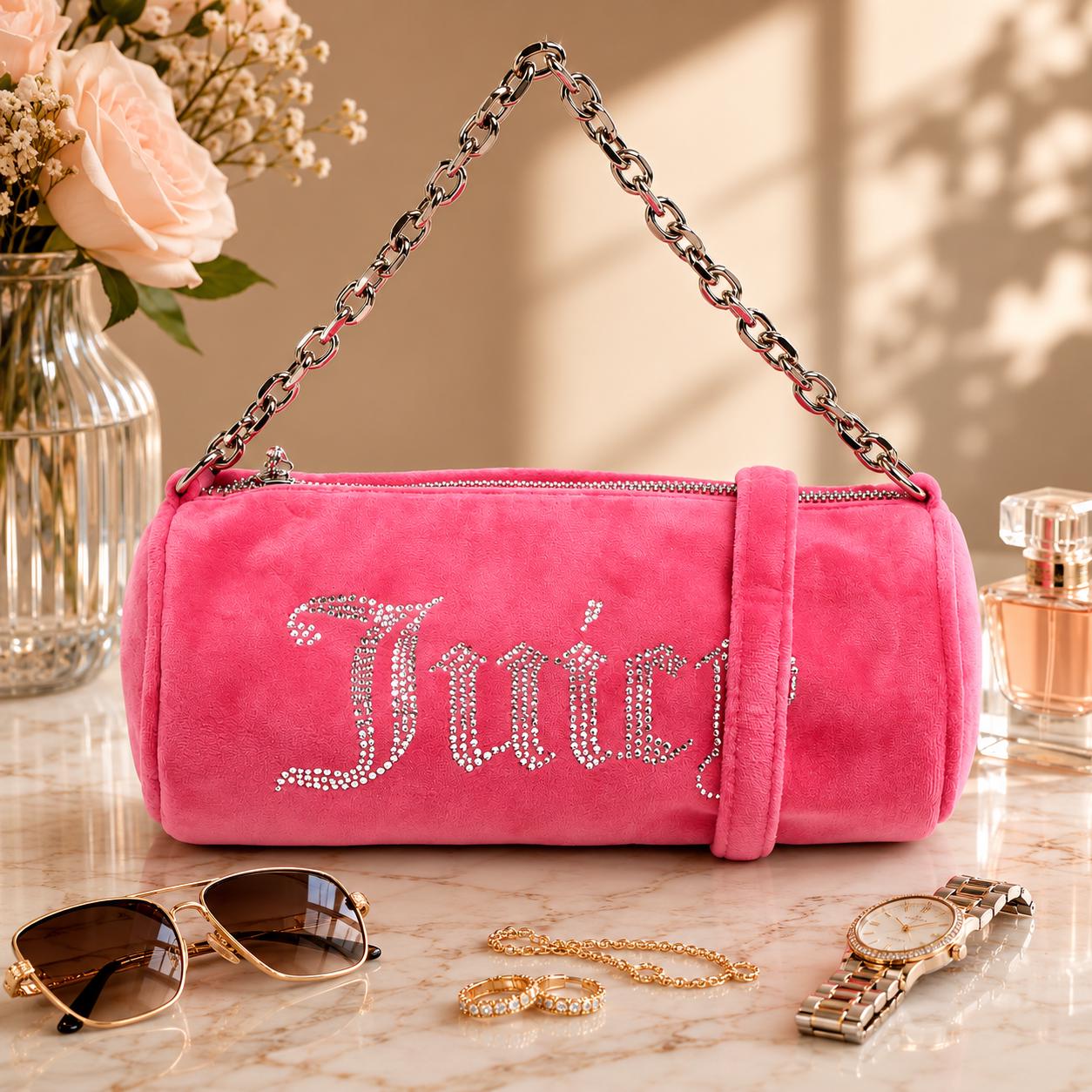 Juicy Couture Pink Barrel Bag, Velour Shoulder Bag, Rhinestone Logo Handbag, Silver Chain Purse, Pink Handbag, Gift for Her