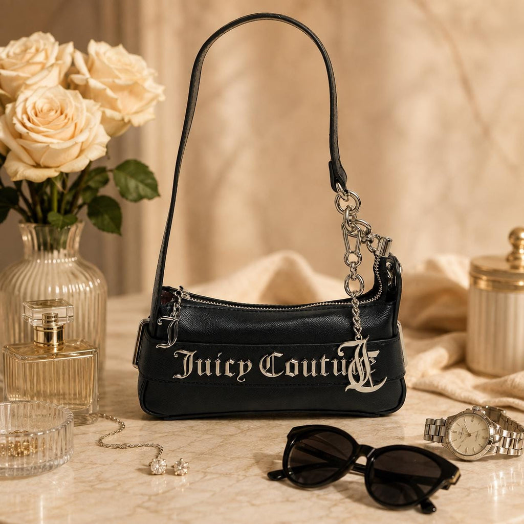 Juicy Couture Black Jasmine Shoulder Bag, Silver Chain Logo Handbag, Black Designer Purse, Women’s Shoulder Bag, Gift for Her