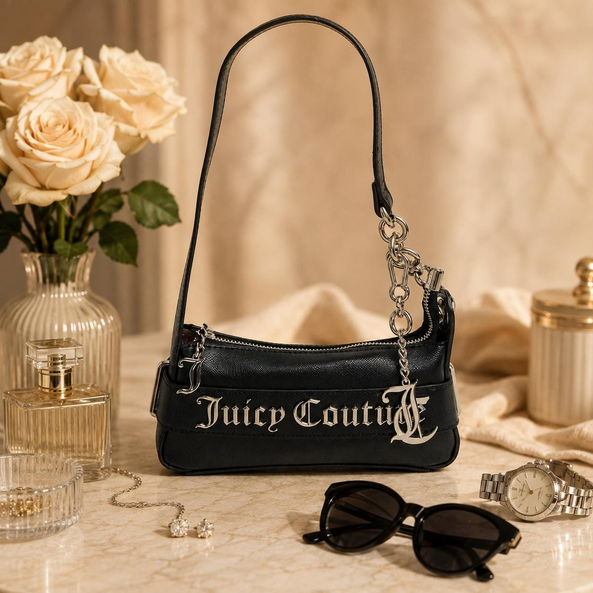 Juicy Couture Black Jasmine Shoulder Bag, Silver Chain Logo Handbag, Black Designer Purse, Women’s Shoulder Bag, Gift for Her