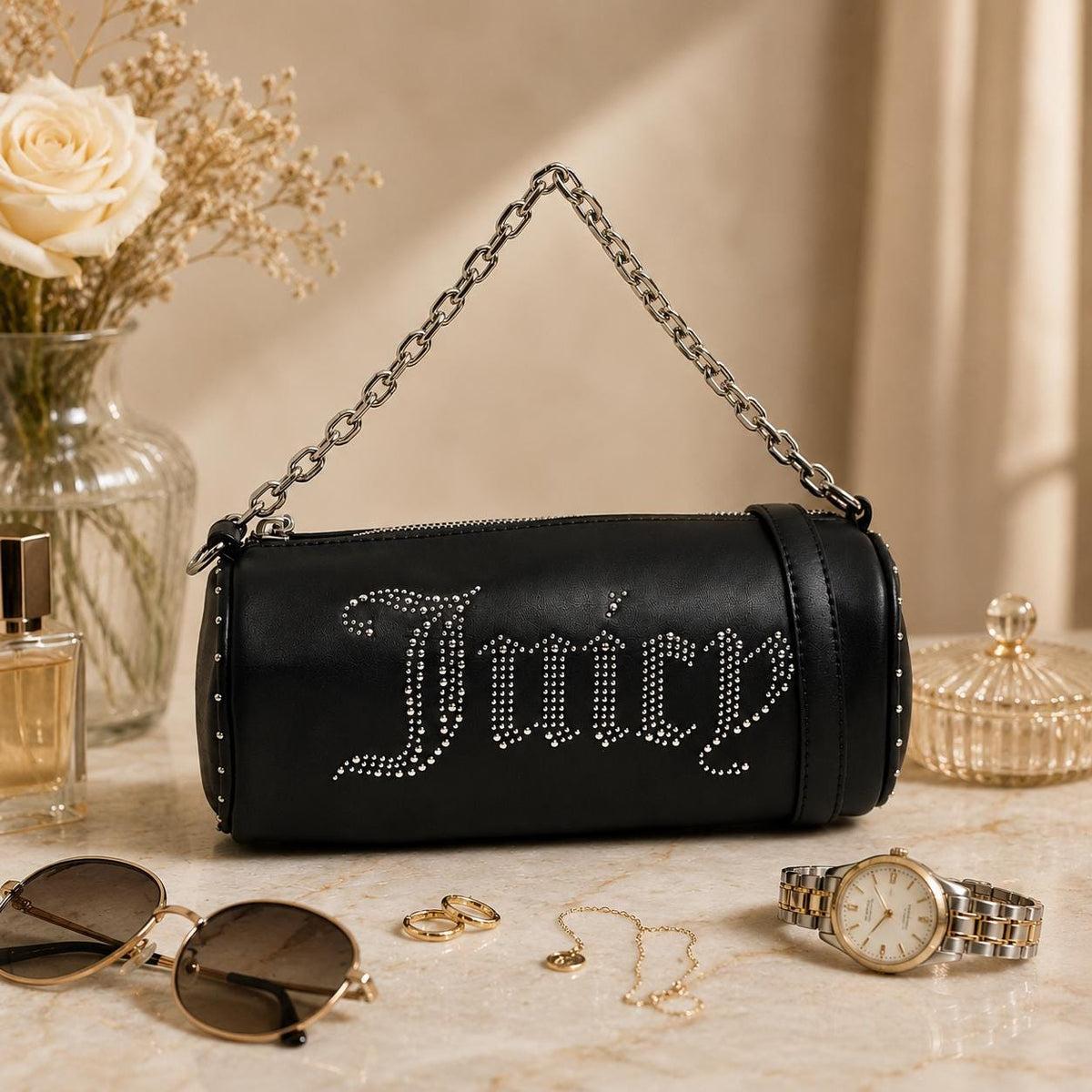 Juicy Couture Black Kimberly Barrel Shoulder Bag, Studded Logo Chain Bag, Silver Hardware, Women’s Designer Handbag