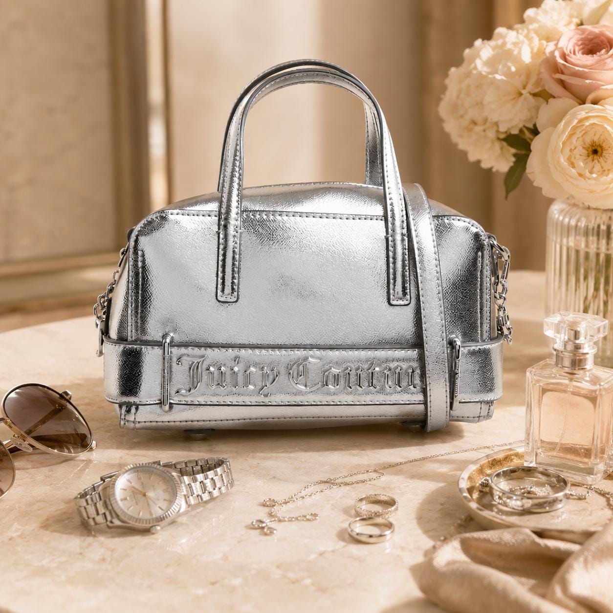 Juicy Couture Silver Jasmine Reflection Handbag, Metallic Silver Mini Tote Bag, Crossbody Shoulder Bag, Designer Style Gift for Her